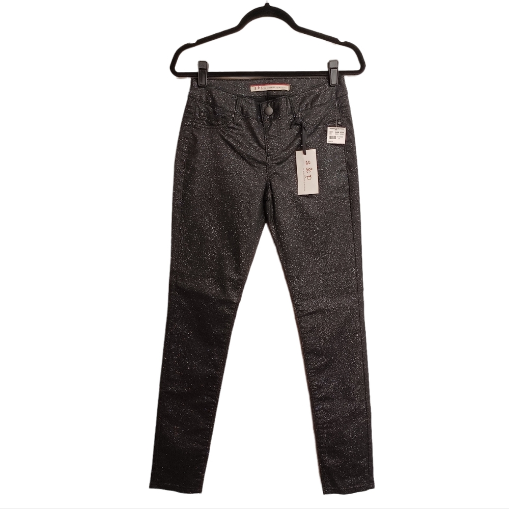 STANDARDS & PRACTICES Silver Glitter Shimmer Print Black Skinny Jeans 26 NWT